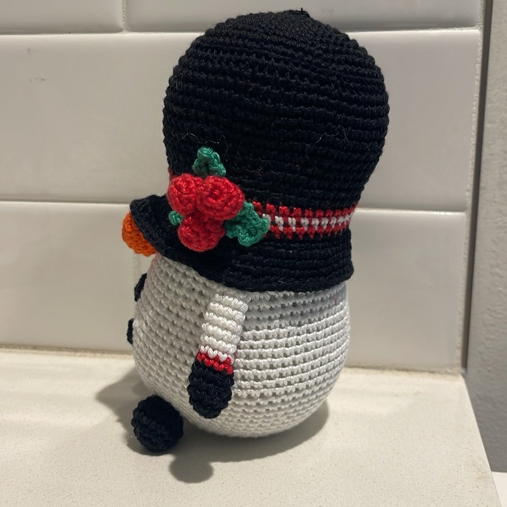 Handcrafted Snowman Gnome with Holly Winter Holiday Seasonal Christmas Crochet - Picture 7 of 12